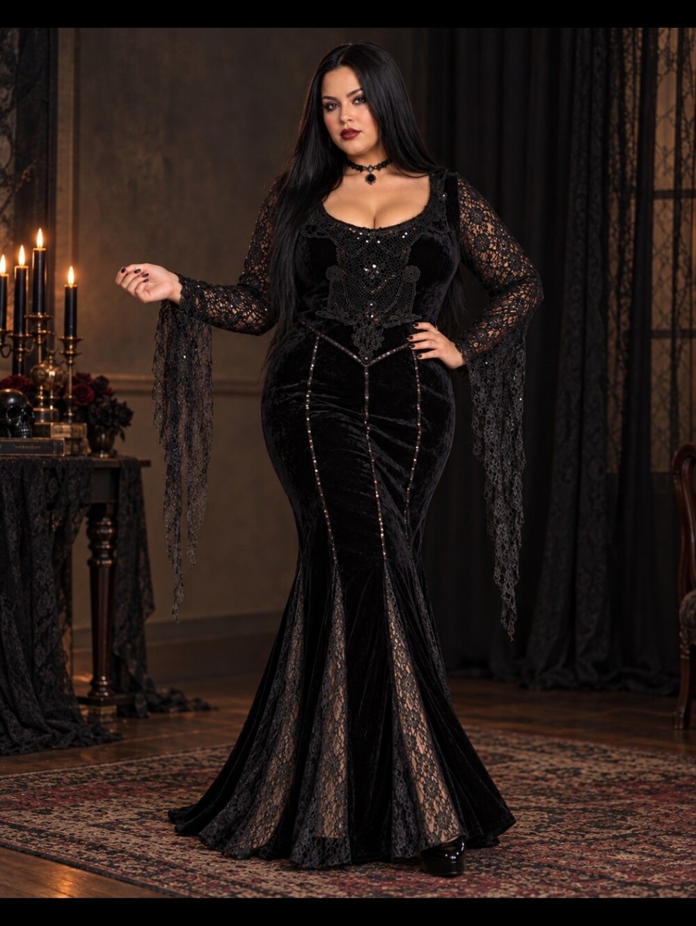 Dreamgirl 1X Gothic Vampire Witch Black Velvet Lace Mermaid Gown Costume
